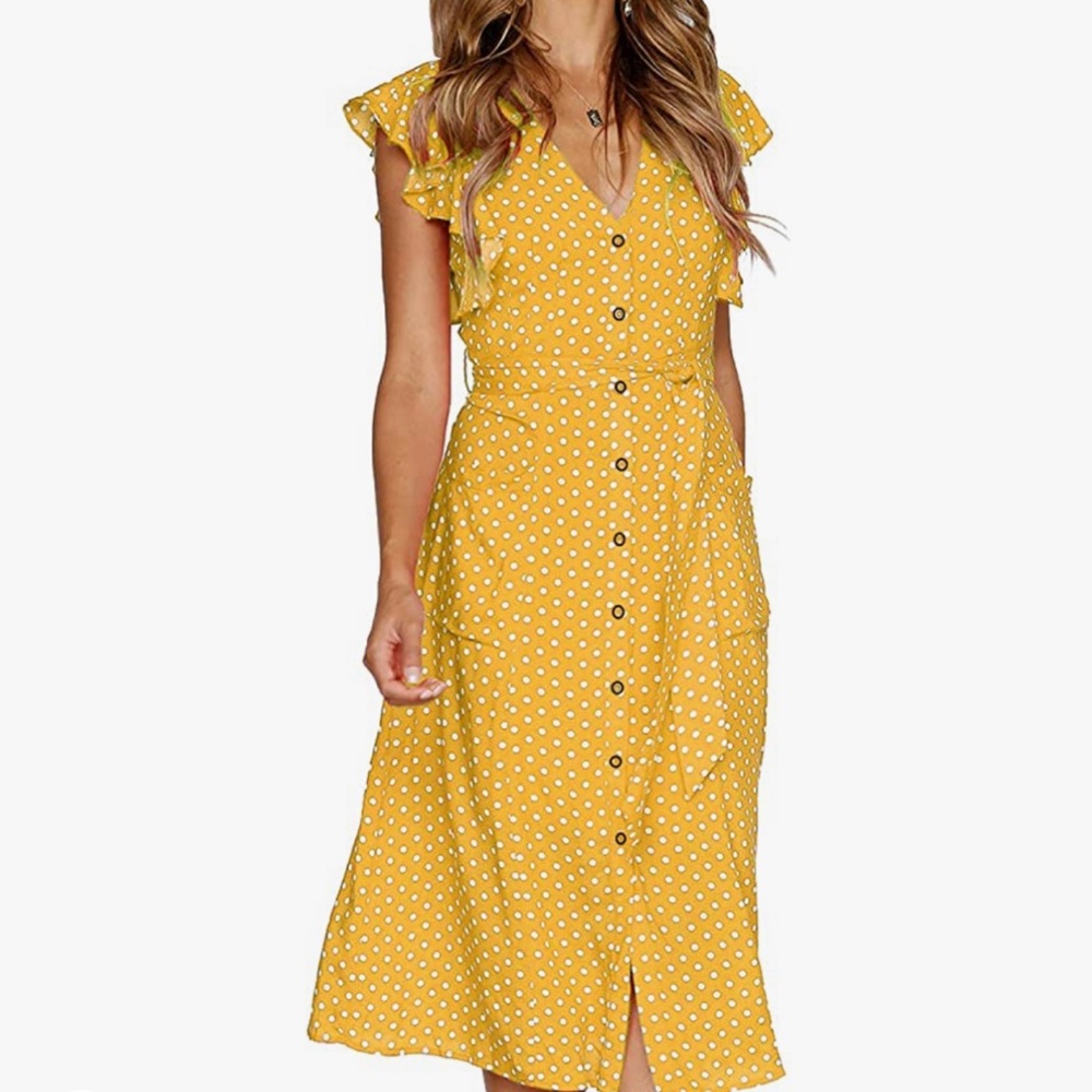 Yellow Polka Dot  Sleeveless V Neck Swing Midi Dress with Pockets M